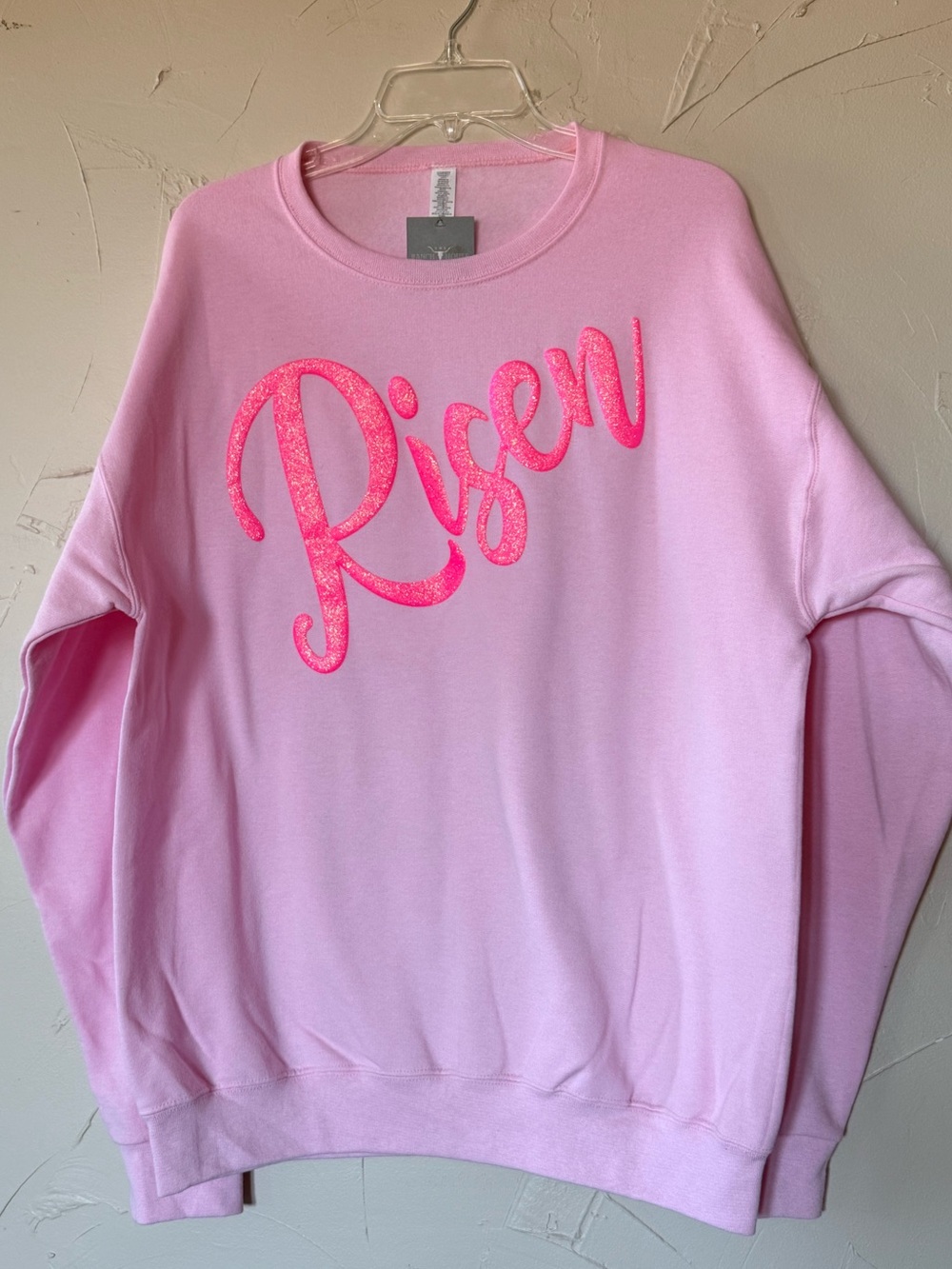 Pink 'Risen' Sweatshirt with glitter pink puff lettering -oversized Large